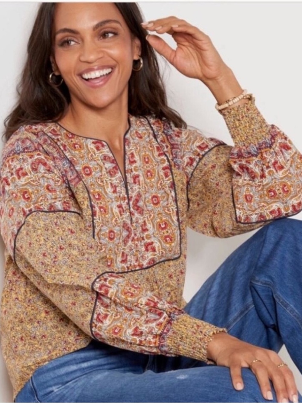 Evereve Mustard and Red Printed Boho Tunic - Picture 2 of 7